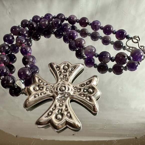 Maltese Cross Sterling Silver Genuine Ruby Tahitian Pearls Amethyst Necklace 925 - Picture 5 of 10